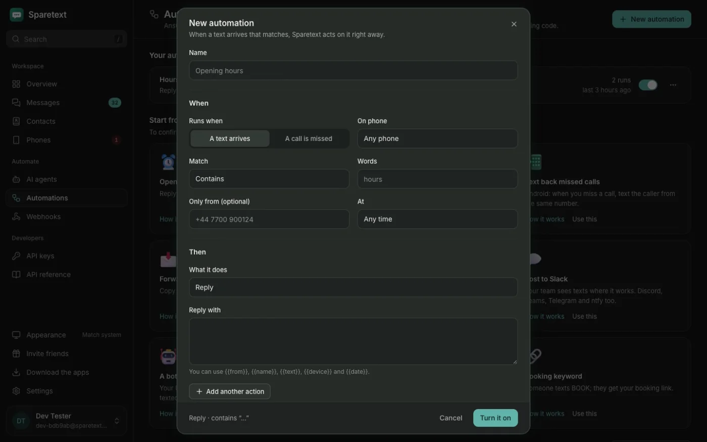 The New automation dialog in dark mode: it runs when a text arrives on any phone, matches texts that contain a word such as hours, can be limited to one sender and to certain hours, and replies with text that can use blanks like {{name}} and {{date}}.