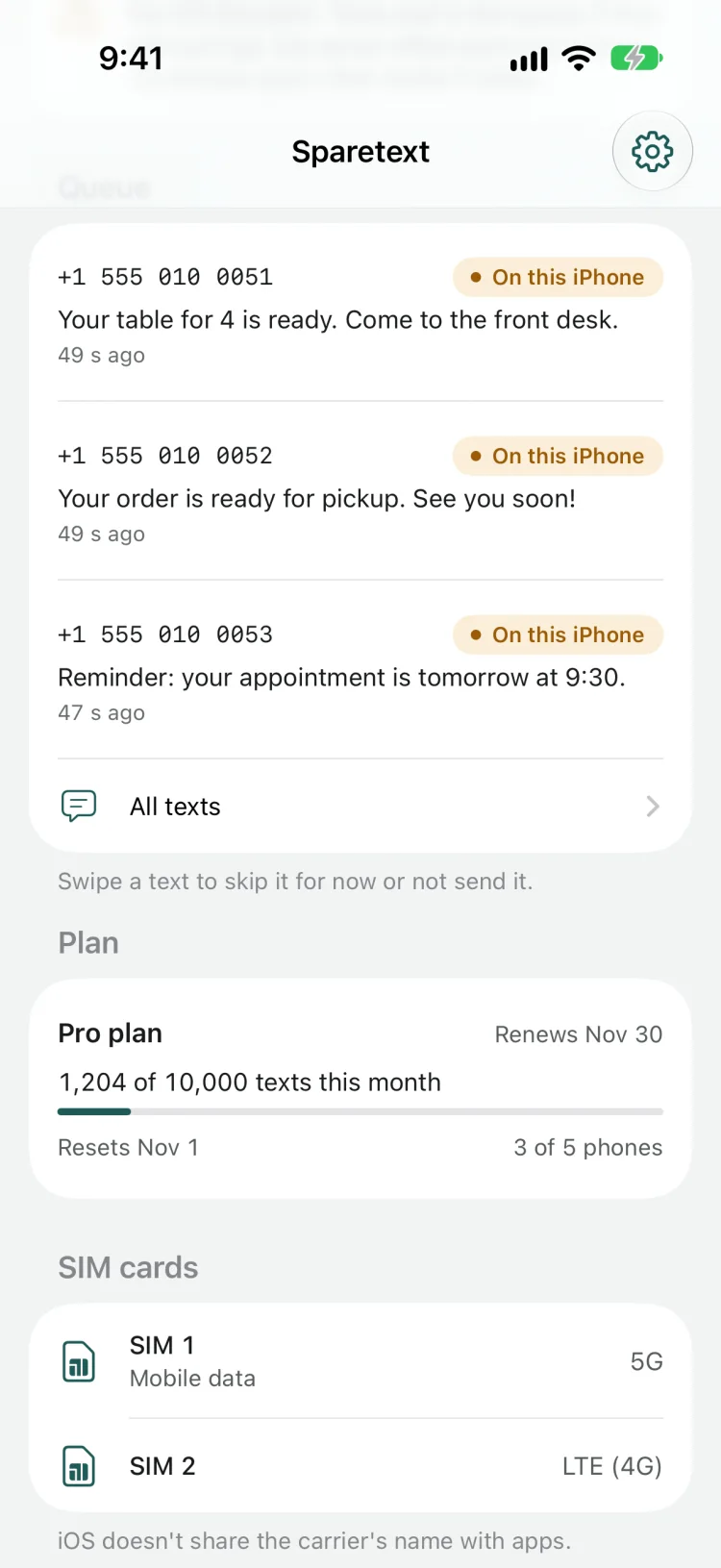 The Sparetext iPhone app: three texts to 555 numbers waiting on this iPhone, the Pro plan at 1,204 of 10,000 texts this month, and two SIM cards on 5G and LTE, with a note that iOS doesn't share the carrier's name with apps.