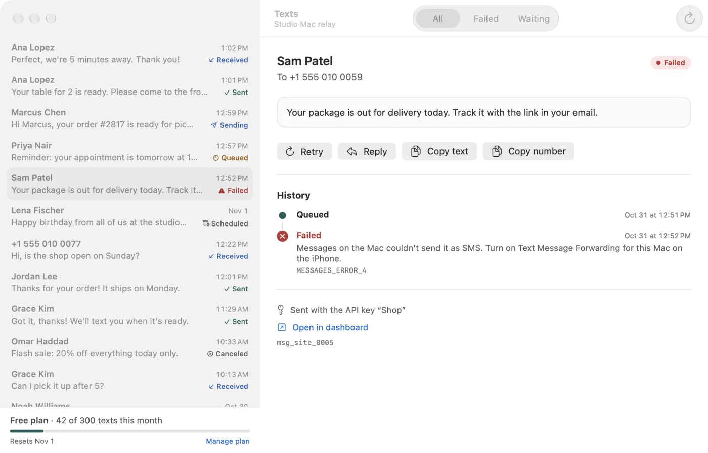 Sparetext for Mac's Texts window: texts to and from made-up contacts marked Received, Sent, Sending, Queued, Failed, Scheduled and Canceled, and one failed text to +1 555 010 0059 saying Messages on the Mac couldn't send it as SMS, so turn on Text Message Forwarding for this Mac on the iPhone.