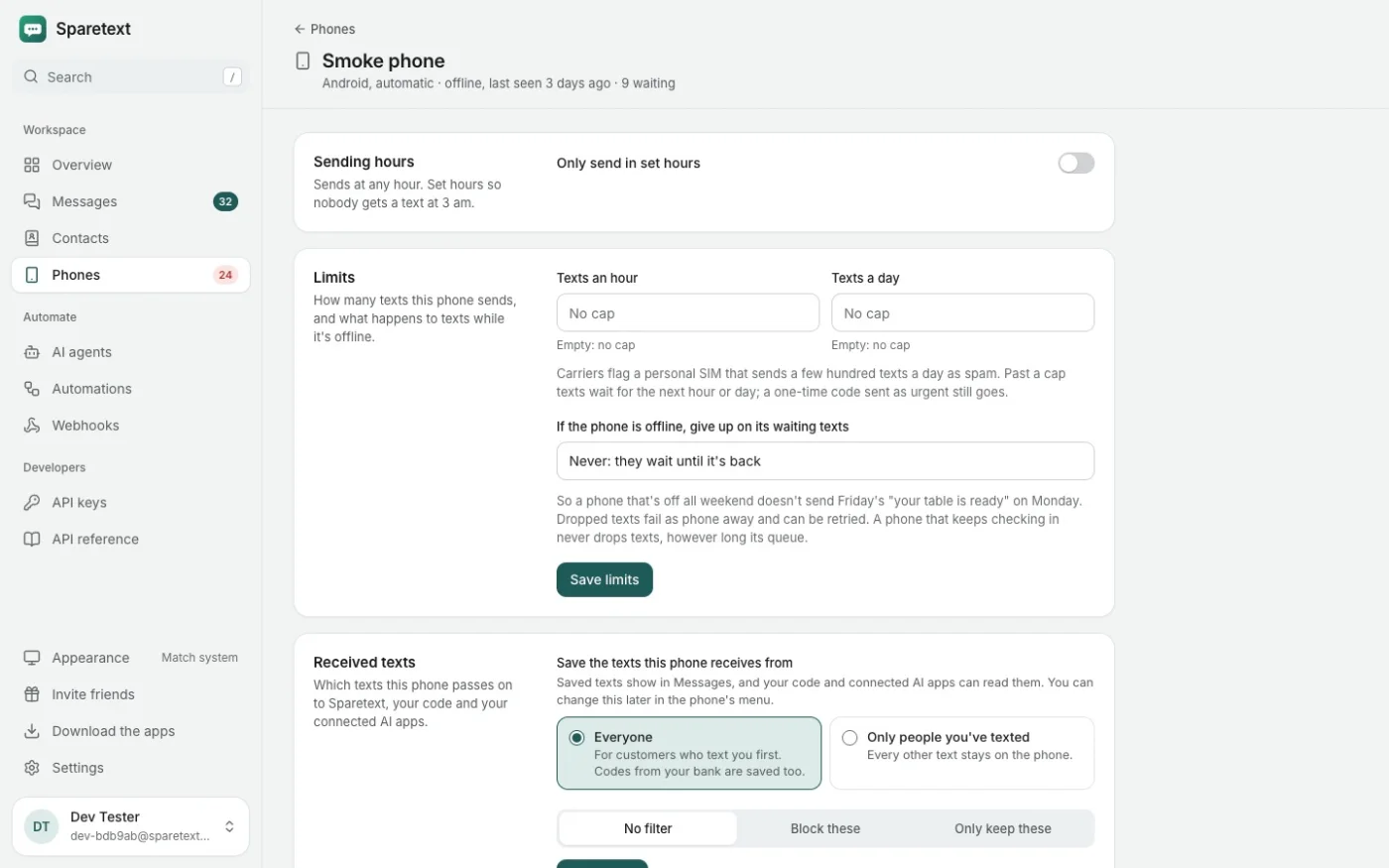 A phone's page in the Sparetext dashboard: a switch for sending hours, empty fields for texts an hour and texts a day, the note that carriers flag a personal SIM that sends a few hundred texts a day as spam, and a menu for giving up on waiting texts.